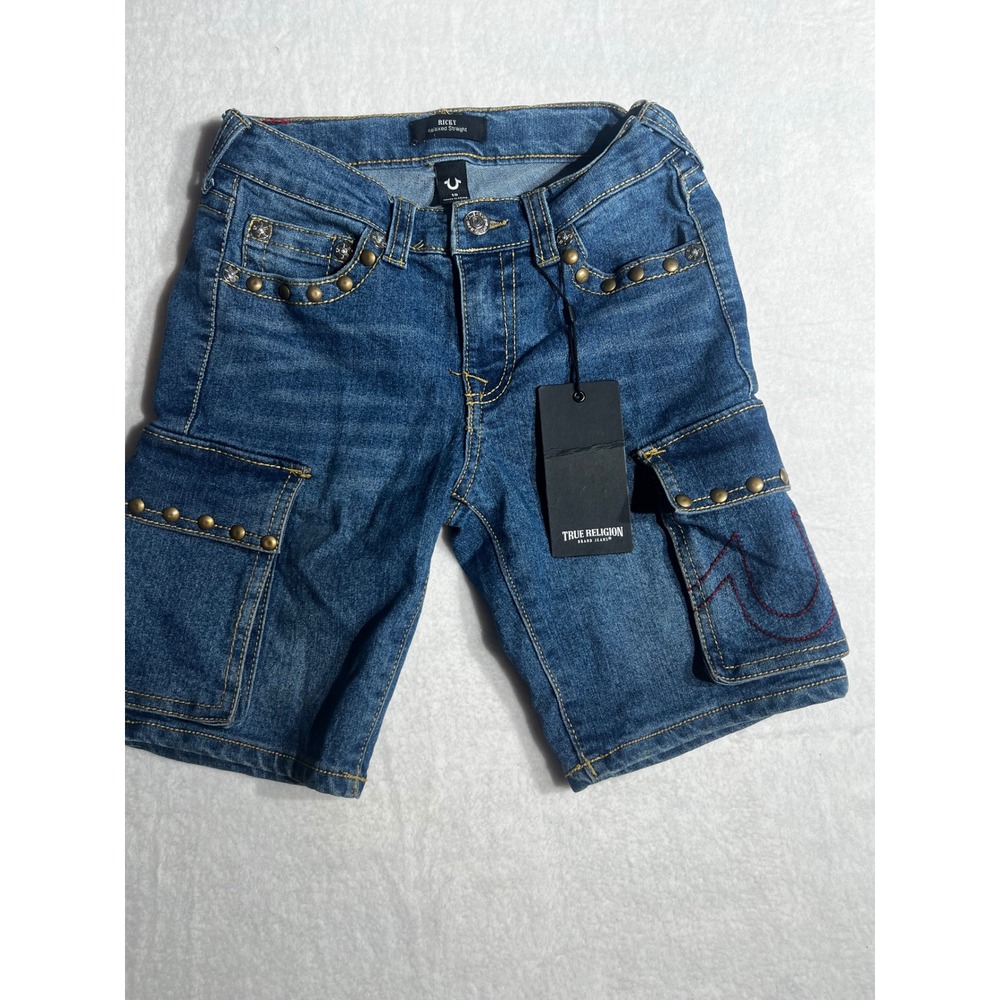 True Religion Boys Ricky Relaxed Straight Studded Cargo Denim Shorts Blue Sz 10